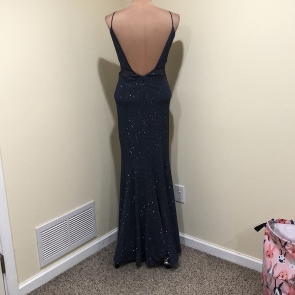 Dillard’s Dear Moon Maxi Dress Size 5 Navy Blue Glitter Caged Cut Out Gown - Picture 7 of 13